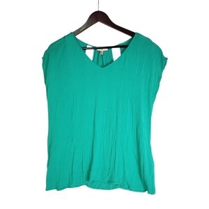 Skies Are Blue Gena Cut Out Detail Top Teal Green Blouse XL V-Neck Cap Sleeve
